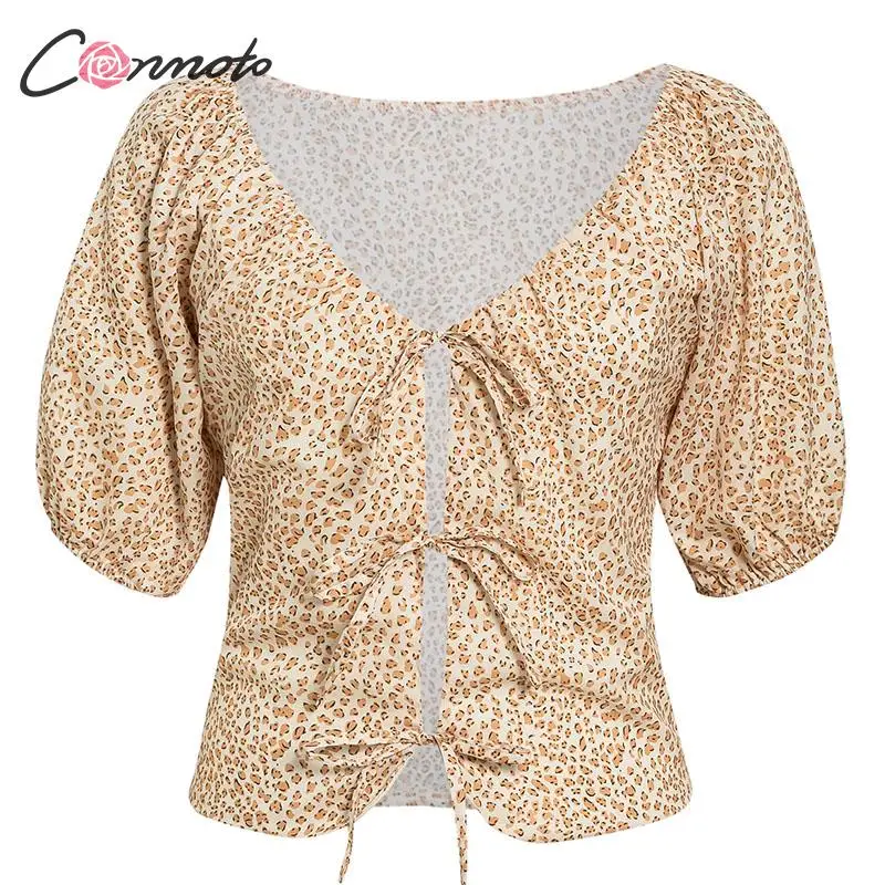 Conmoto, boho, для пляжного клуба, сексуальные короткие рубашки, для женщин, на шнуровке, с оборками, винтажные топы, рубашки, повседневные, цветочные, женские рубашки