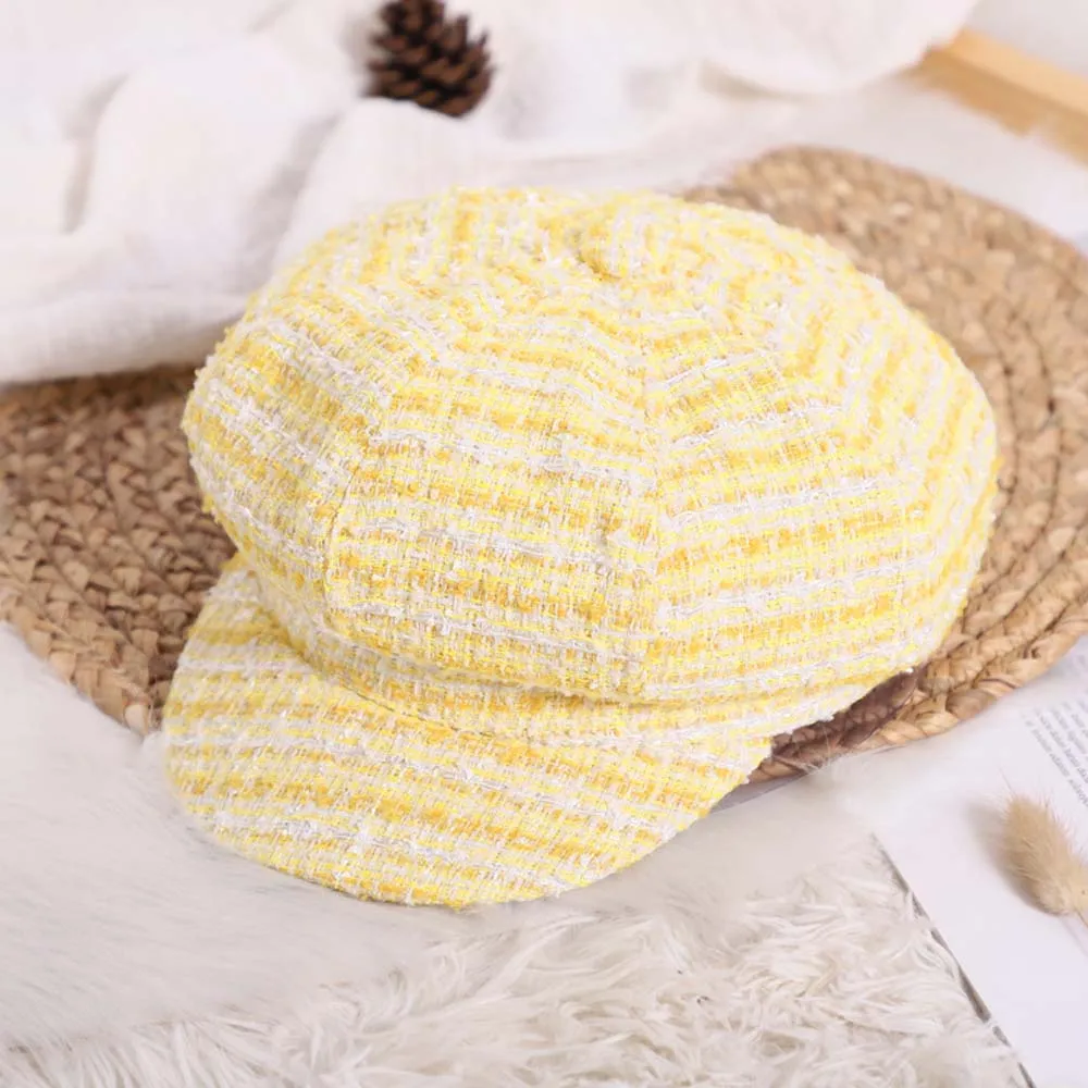 Yellow Новинка; шерстяной берет в клетку для девочек; сезон осень-зима; модная восьмиугольная шапка - Color: Yellow
