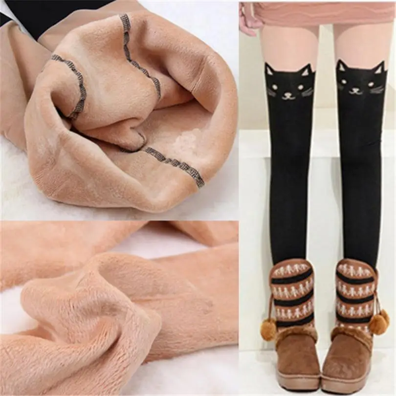 LJCUIYAO Winter Thick Warm Women Tights Plus Velvet Hosiery Femme Pantyhose For Elastic Pantyhose Printed Cat Stretchy Tights