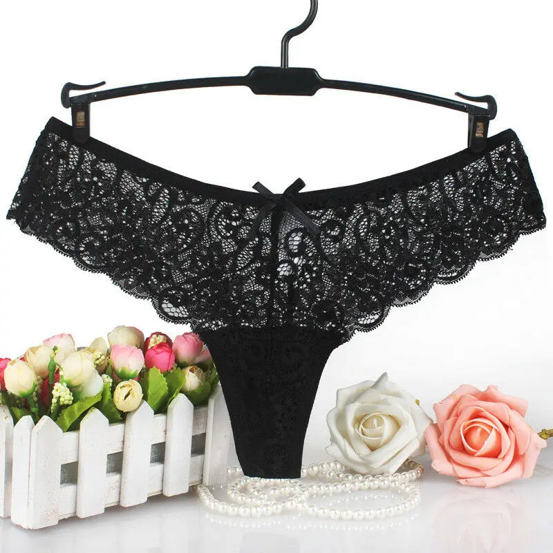 Newly Sexy Ladies Lace V-String Briefs Lace Bow Panties G-string Lingerie Underwear Low-Rise Black White Red