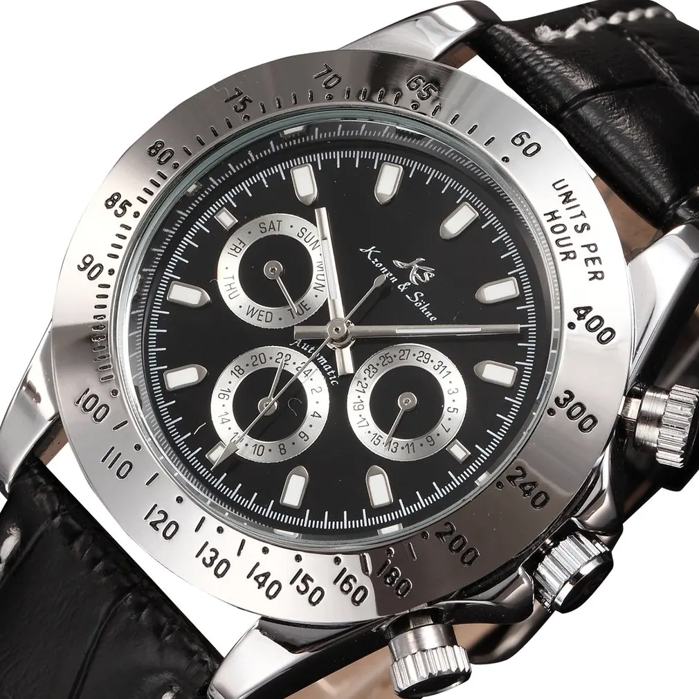 Silver Black Ks Императорский Календарь день дата дисплей мужские часы Relojes черная кожа полностью стальные автоматические механические часы с автоматическим подзаводом/KS165 - Цвет: Silver Black