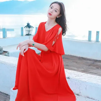 

Summer Dress Women New Short Sleeve Chiffon Beach Long Dresses Female V-Neck Vestidos Womens Red Clothing LX1513