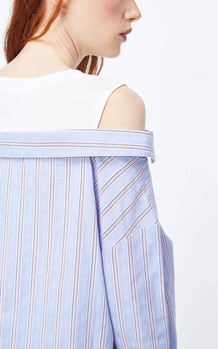 ONLY Womens Loose Fit 100% Cotton Striped Round Neckline Fake Two-piece Shirt | 119258513