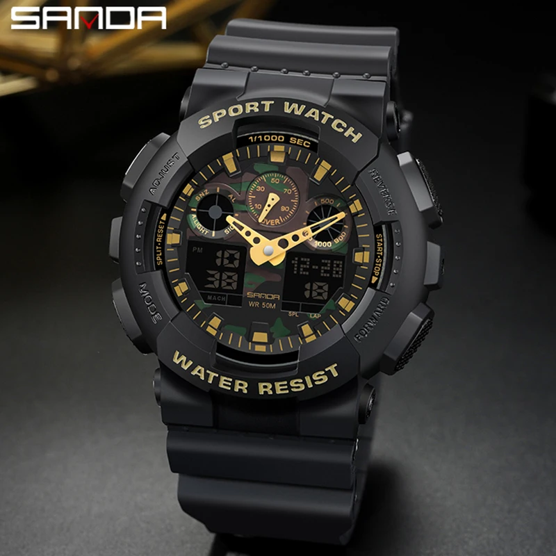 SANDA Dual Display Quartz Watch Men's Luxury Sports LED Luminous Waterproof S Shockproof Automatic Date Reloj | Наручные часы
