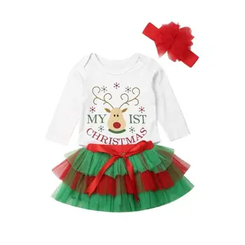 

3PCS Newborn Baby Girl Xmas Clothes Set Long Sleeve Romper + Tulle Tutu Skirt + Headband Outfits Sets Christmas 0-24M Girls Gift
