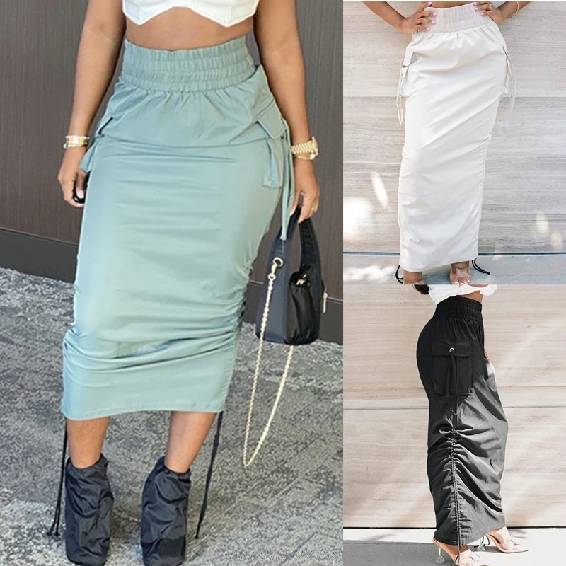 Women Elastic High Waist Maxi Long Straight Cargo Skirt Side Ruched Drawstring Solid Loose