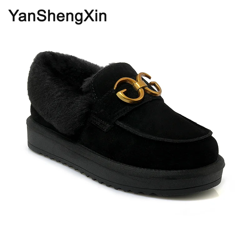 YANSHENGXIN/Женская обувь; зимние сапоги из коровьей кожи; теплая шерстяная женская обувь; зимние сапоги; ботильоны с металлическими буквами - Цвет: Черный