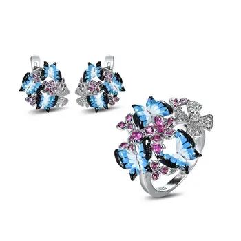 

2pcs set Elegant Delicate Jewelry Set Butterflies S925 Ring Earrings Wedding engagement Jewelry Set