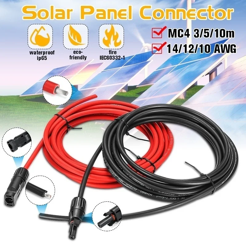 10FT SHIERLENG 1 Pair Black Red Solar Extension Cable 14 AWG 10FT Photovoltaic Wire with Male Female PV Connector MF for Solar Panel Regulator Power Station DIY Kit System 