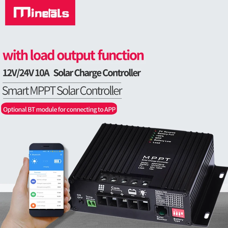 Controlador Mppt Solar Inteligente com Função de Saída de Carga Carregador Controlador Suporte Bluetooth App Controlador Lcd 12v 24v 10a