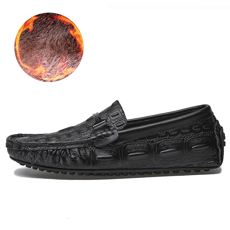 FUR Black ALCUBIEREE Winter Men Crocodile Pattern Loafers Outdoor Non-slip Boat Shoes Men's Warm Moccasins with Fur Flats Driving Shoes - Цвет: FUR Black