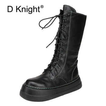 

England Retro High Street Lace Up Flat Platform Women Mid-calf Boots Fashion Punk Cowhide Soft Zippers Shoes Woman Botas Mujer