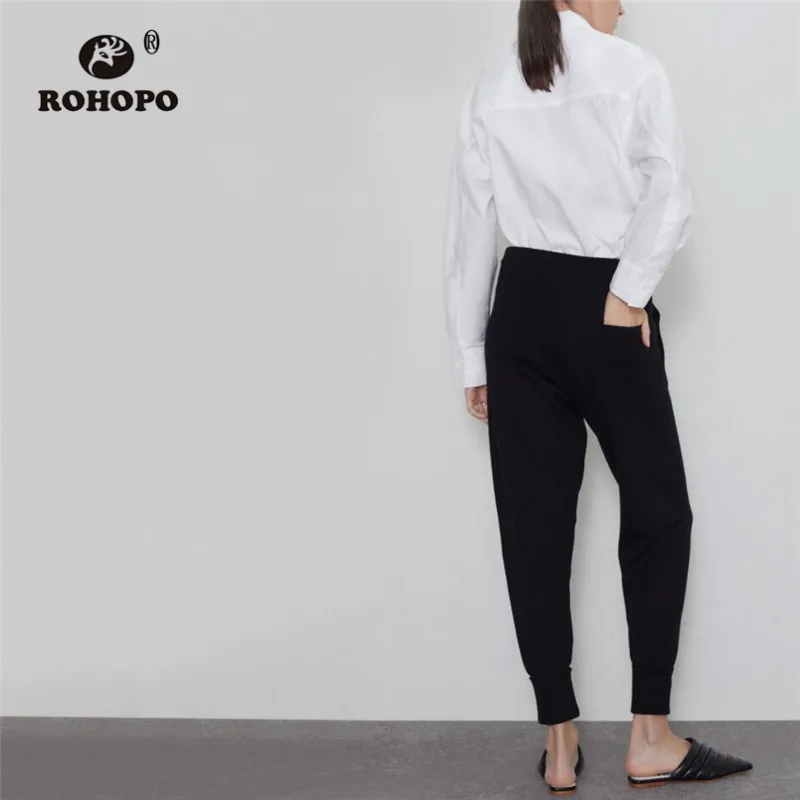 ROHOPO/мягкие трикотажные штаны с высокой талией из хлопка, белые, черные штаны для бега, эластичные мягкие брюки с прорезями на спине#0001