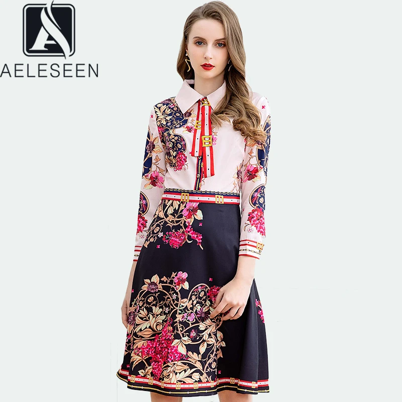 

AELESEEN Spring Dress Women 2020 Runway Fashion Dress Flower Print Bow Turn-Down Collar Knee-Length Party Dresses Vestidos