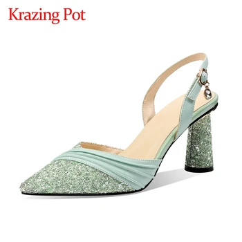 

Krazing Pot sheep leather bling mixed cloth pendant pointed toe high round heel buckle straps beauty lady women summer pumps L23