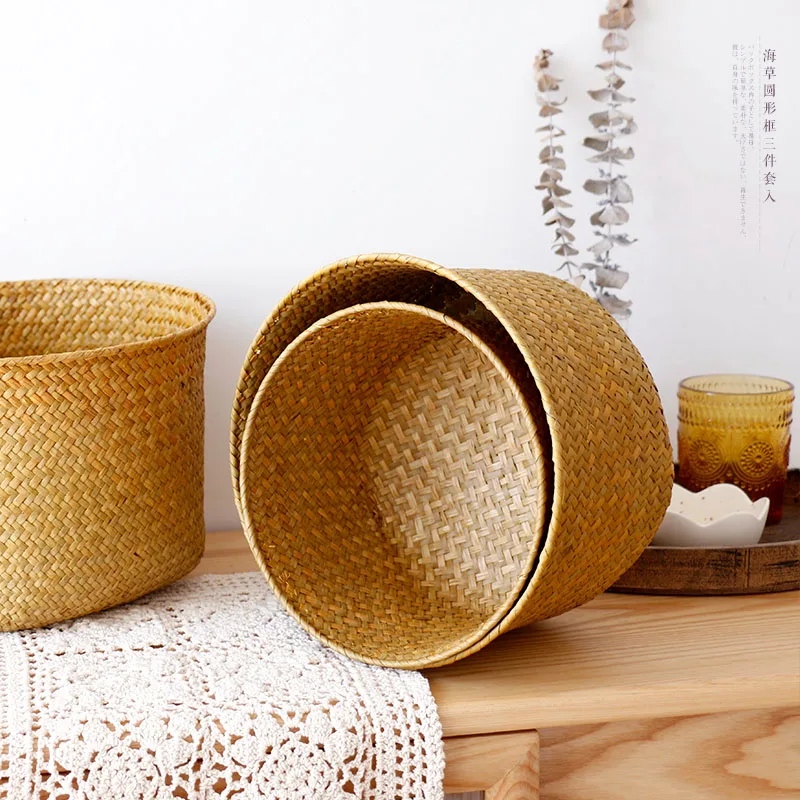 Handmade Bamboo Storage Baskets Laundry Straw Patchwork Wicker Rattan Seagrass Belly Garden Decoration Planter Basket Wy10224