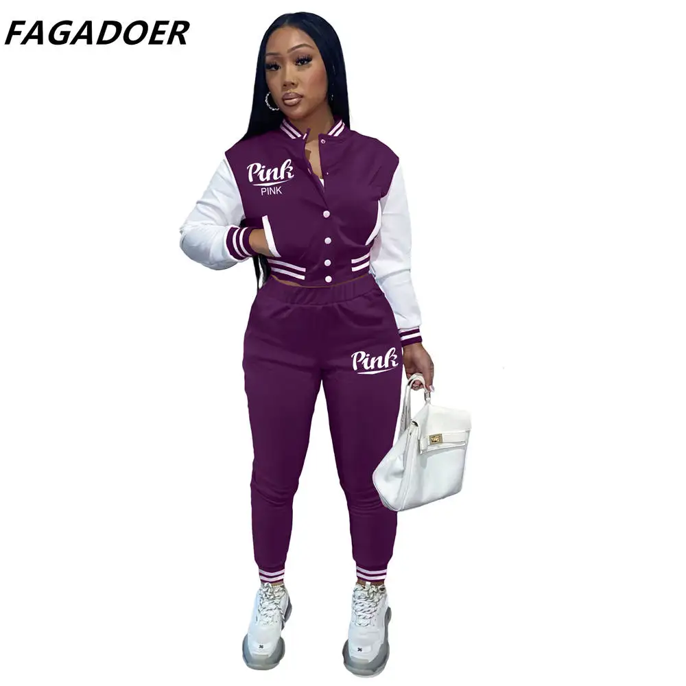 FAGADOER Autumn Winter Baseball Uniform New Women Button Letter Print Coat And Pants Tracksuits Casual 2pcs Outfits Streetwear women's sweat suits sets Suits & Blazers