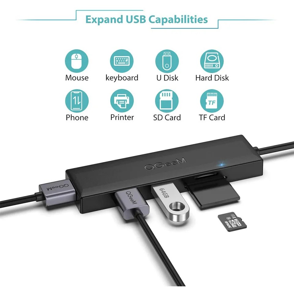 QGeeM USB Hub 3.0 Adapter 0.11m Card Reader USB Splitter for Xiaomi Laptops Macbook Pro USB 3.0 Hub for PC Computer Accessories 3