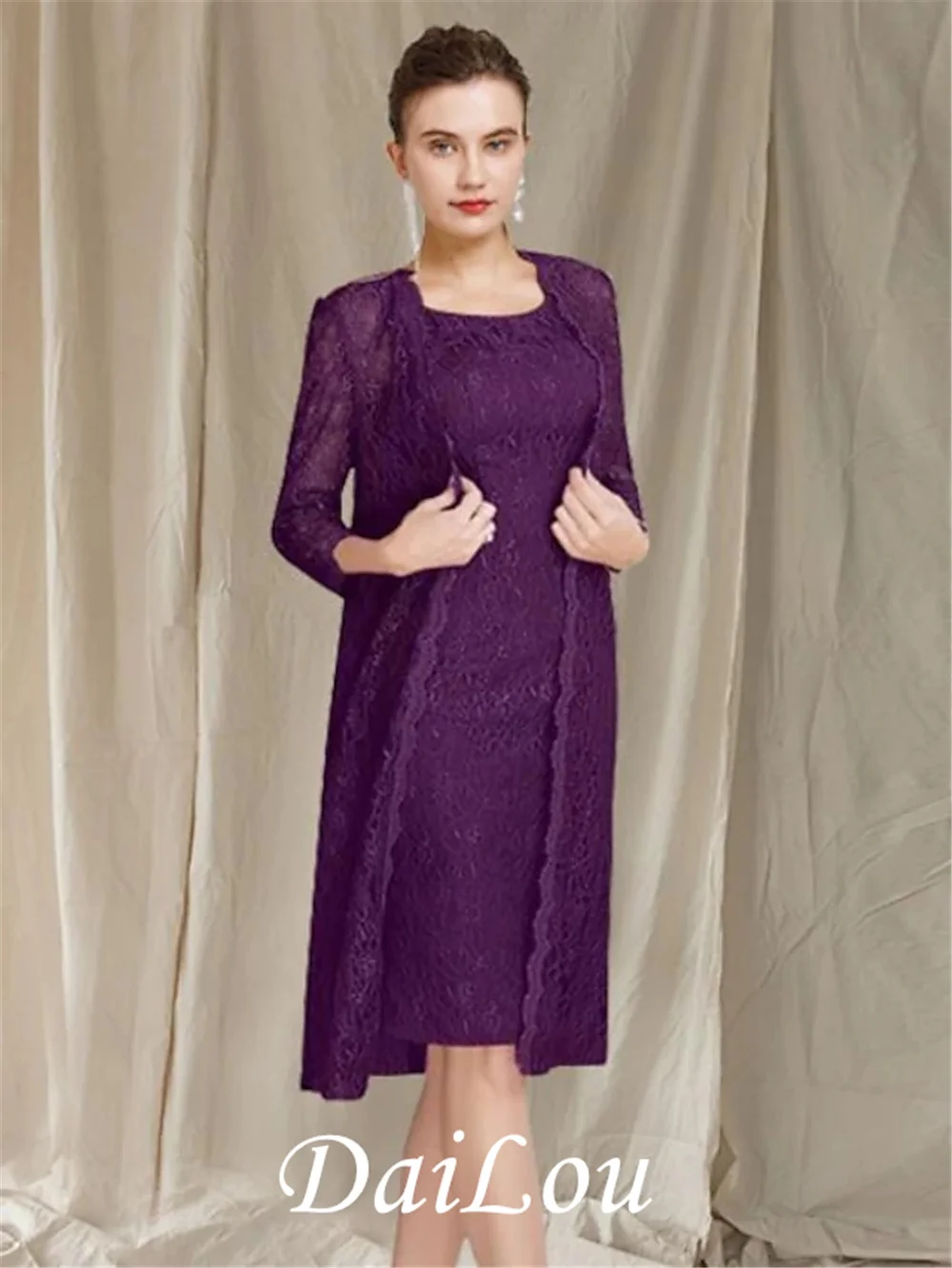 

Платье для матери невесты из двух предметов, элегантное кружевное платье до колена с круглым вырезом, длиной рукава 3/4, без рукавов, с аппликацией 2021