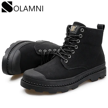 

Black Men Boots Winter Warm Leather Casual Ankle Boots Mens Nonslip Work Shoes Safety Male Military Plush Platform Martins Boots