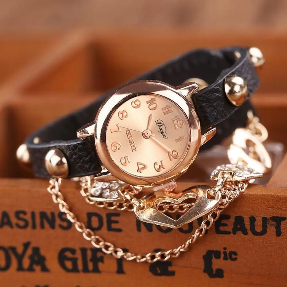 

Fashion Casual Rose gold Love setting diamond Bracelet Watch Ladies Leather Ladies Evening Dress Femmes Robe female watch hour