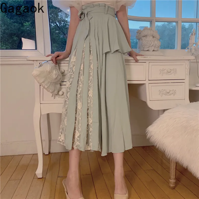 

Gagaok Women Preppy Style Skirt Spring Autumn New Solid A-Line Mid-Calf Lace Bandage Slim Wild Chic Female Fashion Skirts