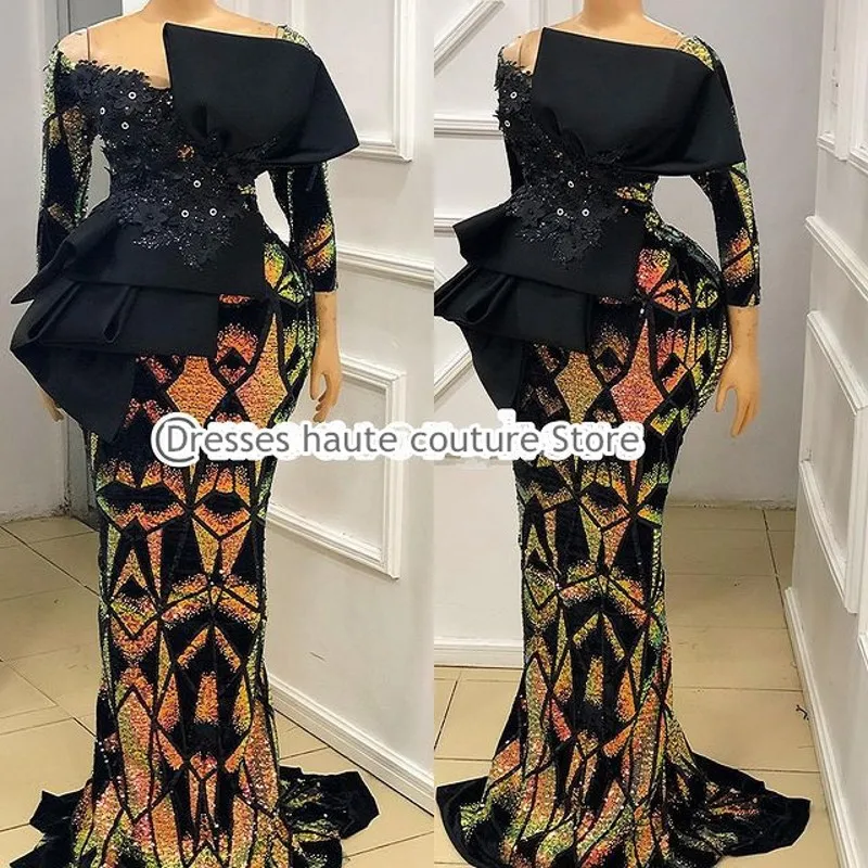 Горячая Распродажа Aso Ebi вечерние платья с длинным рукавом блестки мерамид