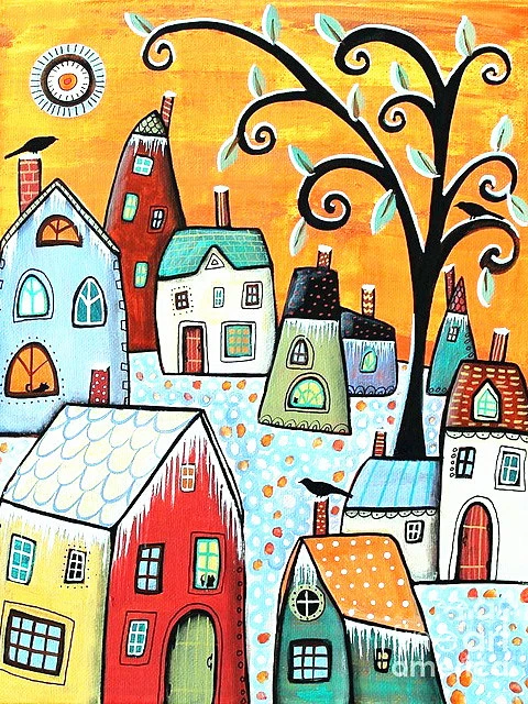 Patchwork houses and tree abstract painting by numbers