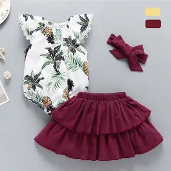 

Solid Skirts Ruffle-Sleeve Tutu-Dress Children-Set Baby-Girl Headband Princess Infant 3pcs Brand Pineapple Romper Tops 3-24M
