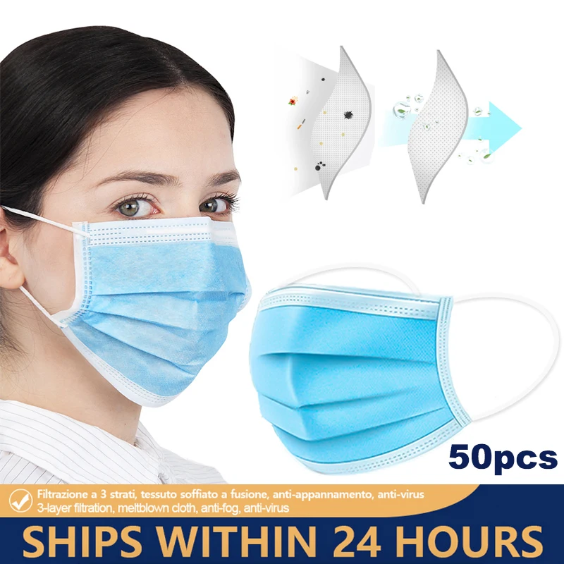 

50pcs anti virus Mask mouth mask PM2.5 Disposable Elastic Mouth Soft Breathable Meltblown Face Mask