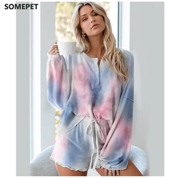 

Tie-dye Pajamas Female Summer Most New Comfortable Breathable Long-sleeve Wood Ear Side Tracksuit Suit Two-piece Ladies