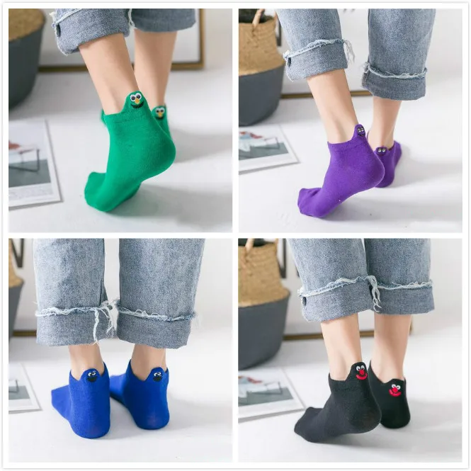 color 3 4 Pairs/lot Women Socks Kawaii Embroidered Expression Boat Socks Candy Color Cotton Breathable Ankle Socks Unisex Funny Socks - Цвет: color 3