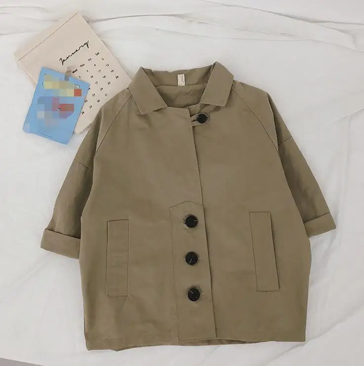 khaki Однотонный длинный Тренч в Корейском стиле для мальчиков и девочек, большие размеры детские повседневные однобортные куртки из хлопка, пальто - Цвет: khaki