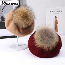 Autumn Winter Kids Warm Wool Berets With Natural Raccoon Fur Pompom Ball Girls Beret Hats Winter Hat For Women