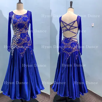 

blue ballroom dress long sleeves waltz dresses foxtrot dance dress standard ball competition dress Rhinestones dance wear
