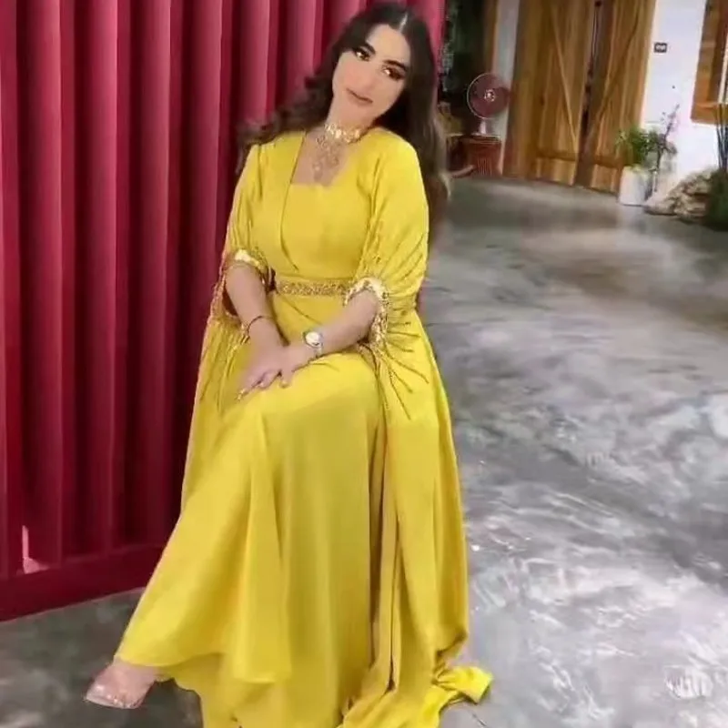 Dashiki New Fall Fashion Muslim Dress Slim Diamond Full Sleeve Long Maxi Dress Elegant Party Yellow Dress Ladies Robes Vestidos