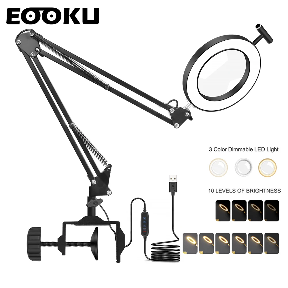EOOKU Table Lamp with 5X Magnifying Glass 3-Color Modes LED Light For Living Room Reading Repair Illumination Magnification Tool | Освещение