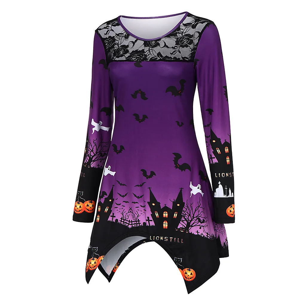 

SAGACE Women Casual Halloween Print O-Neck Lace Hollow Out full Irregular Tops Polyester Long Casual Female T-shirts August 26