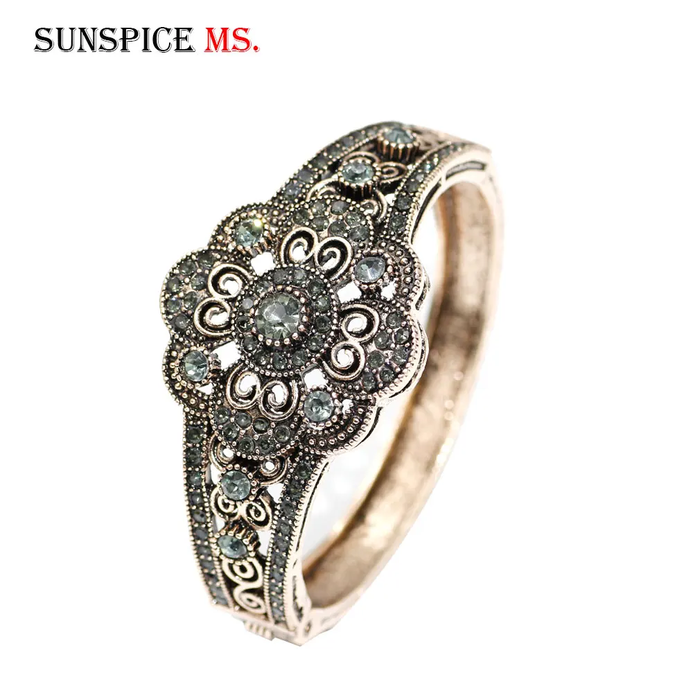 SUNSPICE, MS, серые стразы, браслет, турецкий, винтажный, цветок, манжета, браслет, античное золото, свадебные украшения, индийские, свадебные подарки