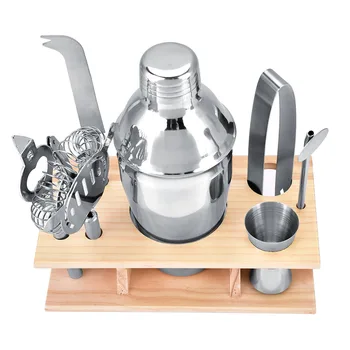 

8pcs Stainless Steel Cocktail Shaker Mixer Drinker With Wood Holder Stand Drinking Tool Great For Home Bars And Parties