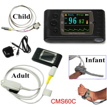 

CMS60C Hand-Held Pulse Oximeter Finger Blood Oxygen Saturation Digital Heart Rate PR Monitor Adult Neonatal Child 3 SPO2 Probe