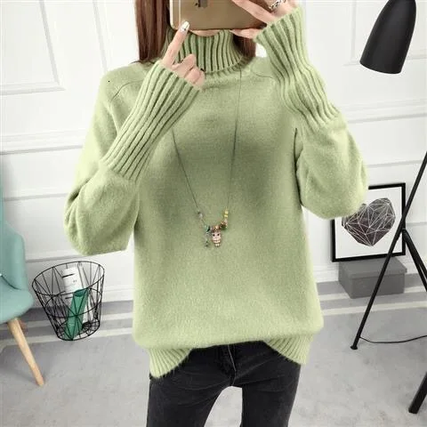 14 цветов,, осенне-зимний свитер, Женский вязаный свитер с высоким воротом, повседневный мягкий модный тонкий женский эластичный пуловер NS9097 - Цвет: Green