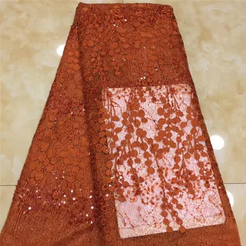 

Latest Nigerian handmade lace fabric green high quality orange sequins french tulle lace for wedding pearls voile mesh net lace