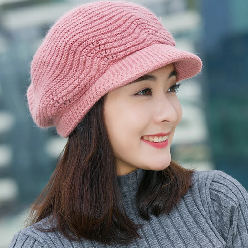 Повседневные вязаные Остроконечные шапки, женские теплые шапки из кроличьей шерсти на осень и зиму, утолщенные кашемировые колпачки, корейские женские винтажные береты, розовые красные шапки