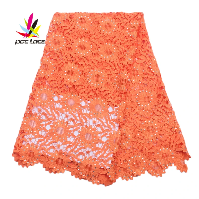 

Unique Design African Guipure Lace Fabric 2016 Peach, Yellow, Orange Color African Guipure Embroidery Wedding Dress Lace Fabric