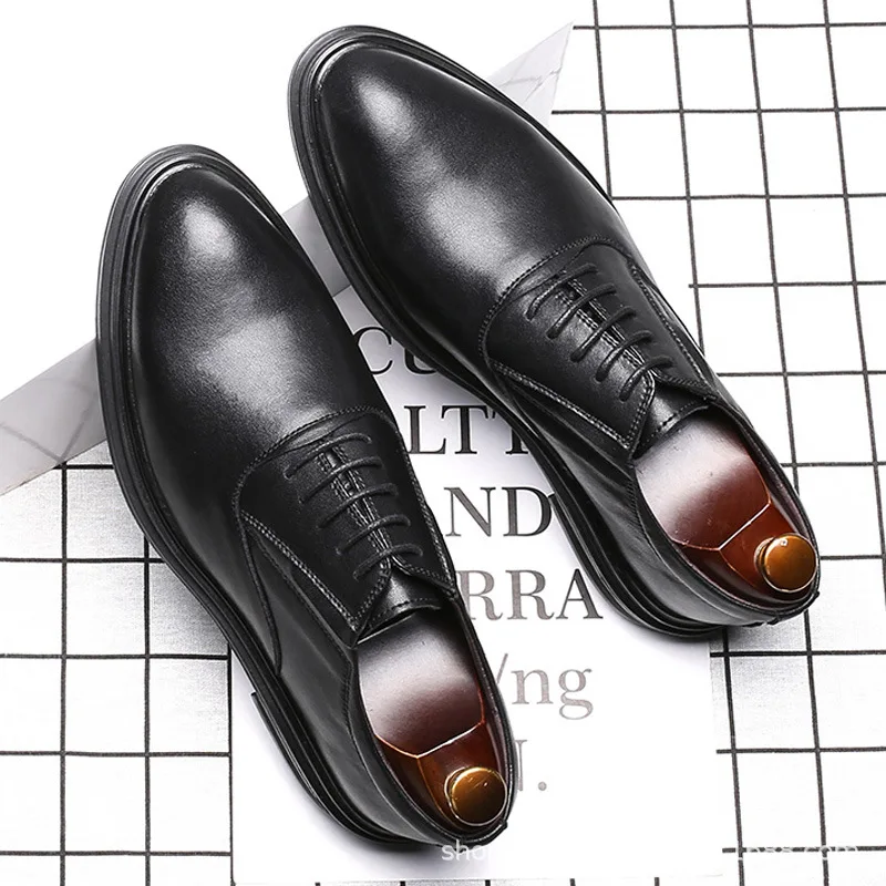 

2020 Winter Dress Men Shoe Leather Business Formal Lace Up Wedding Office Black Large Size British Style Heightening Shoes