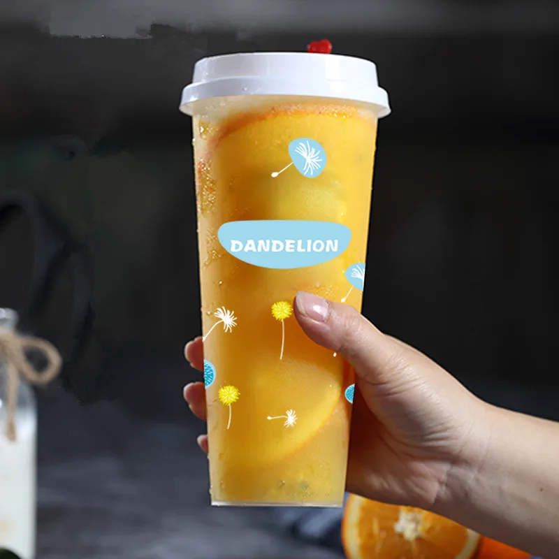 

50pcs Dandelion pattern milk tea frosted transparent cup 500ml/700ml disposable cups thicken injection plastic cup with lid