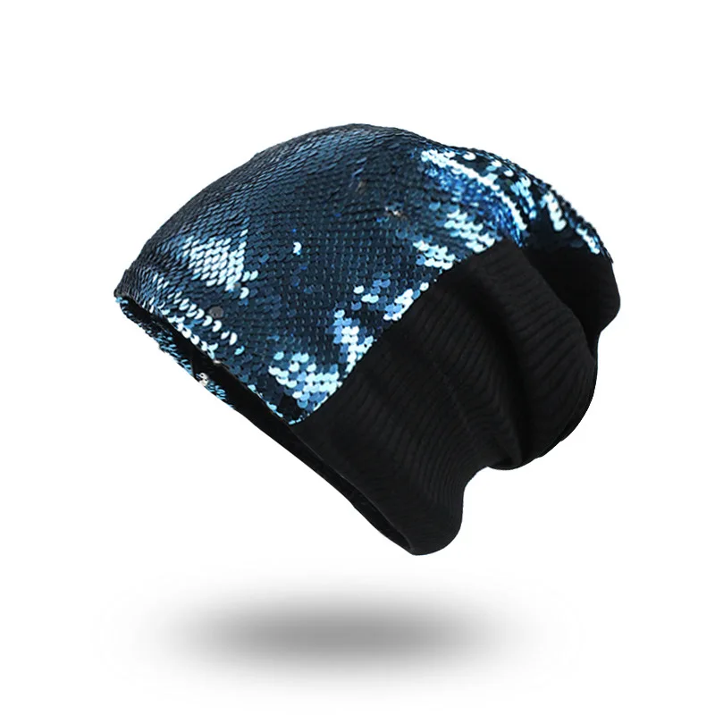 Кепки с пайетками, женская модная шапка, безрукавка, хип-хоп, Gorros, зимняя, украшенная, Повседневная дышащая шапочка, вязаные шапки - Цвет: Синий