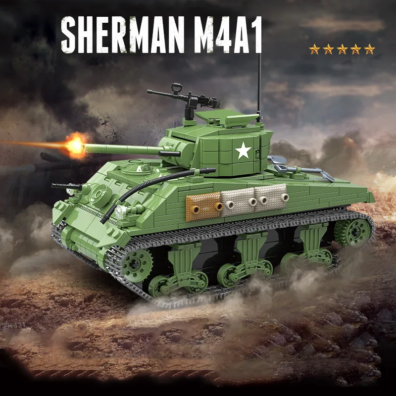726PCS US Military Sherman M4A1 Tank Building Blocks Legoing Technic City Police WW2 Tank Soldier W