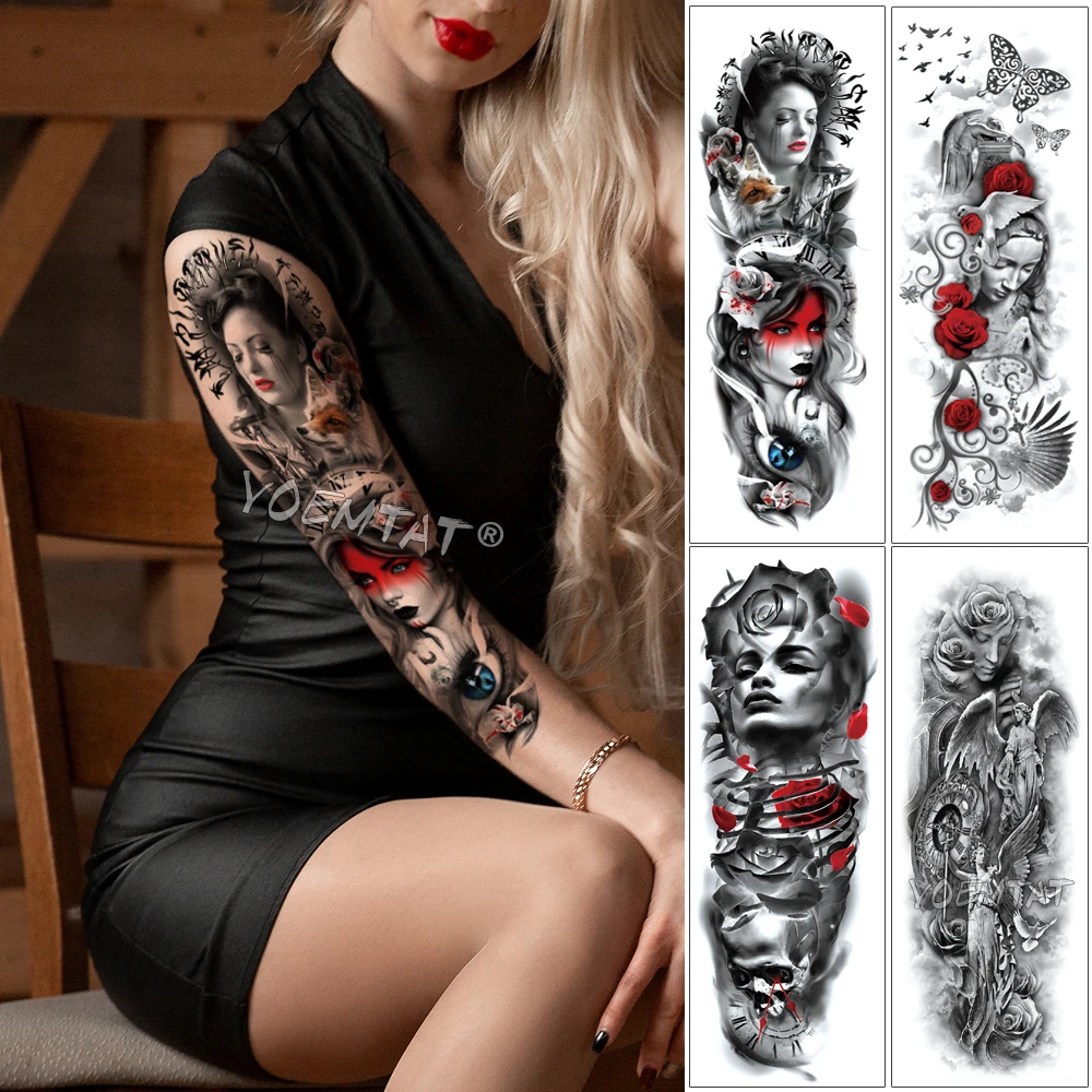 Large Arm Sleeve Tattoo Fox Eyes Rose Butterfly Waterproof Temporary Fake Tatoo Sticker Skull Angel Wings Men Women Full Tatto Temporary Tattoos Aliexpress